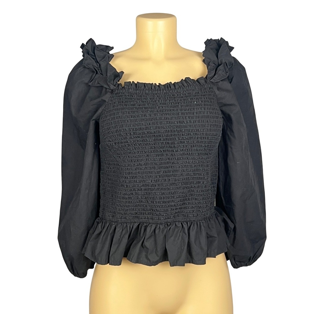 Smocked Peplum Top Large Square Neck Puff Sleeve Black Cottagecore Babydoll Goth
